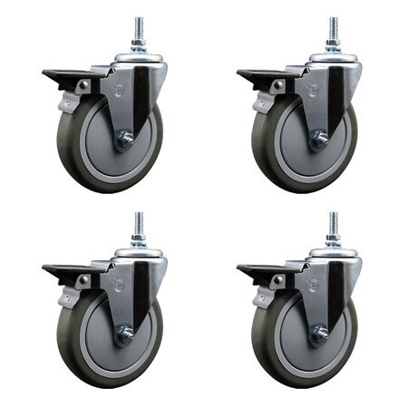 Service Caster 5 Inch Gray Polyurethane 38 Inch Threaded Stem Caster Set with Brake SCC-TS20S514-PPUB-PLB-381615-4